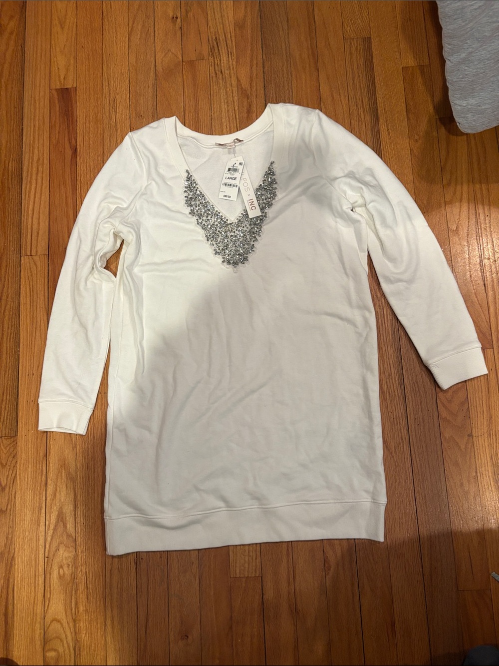 White V-Neck Top with Silver Bead Embellishment